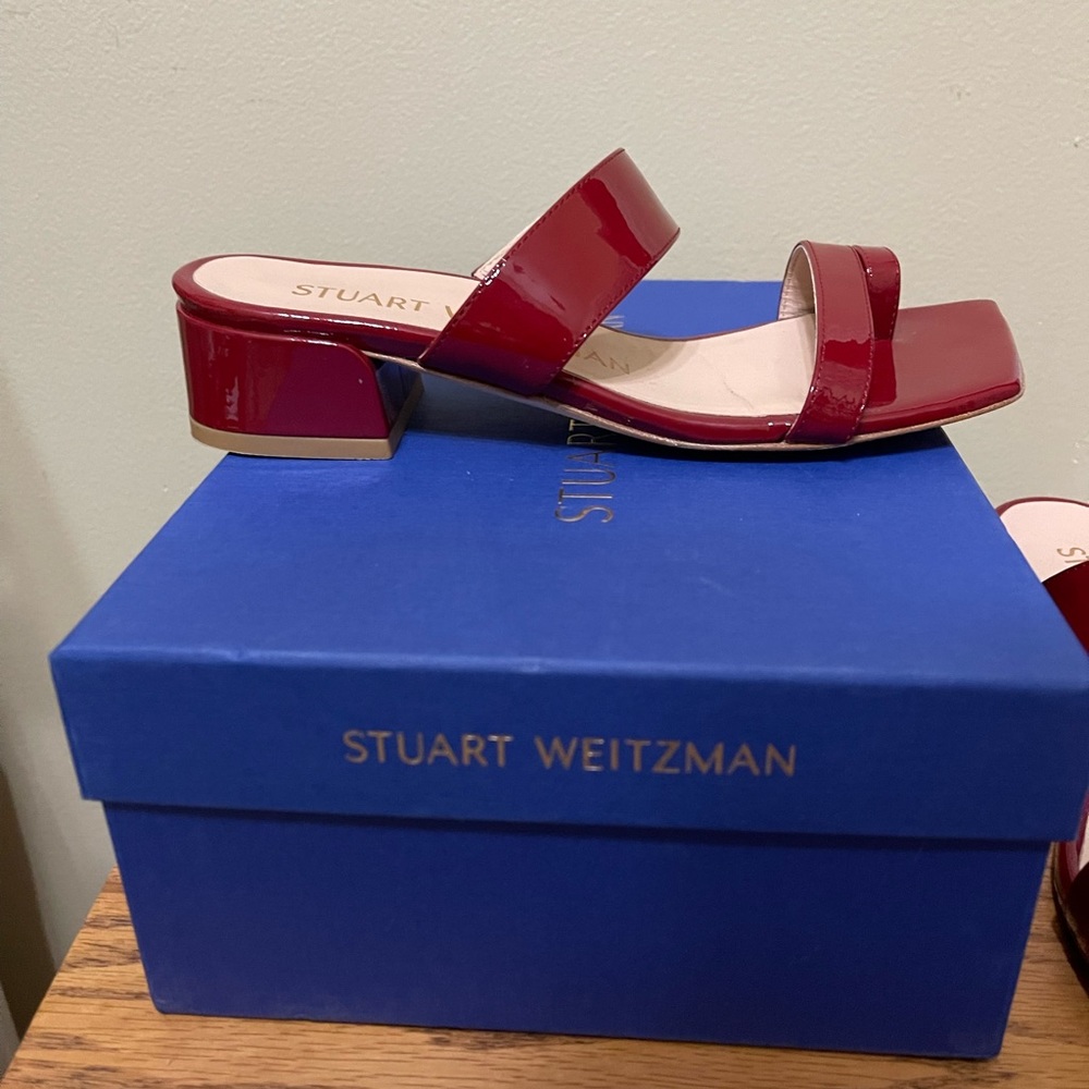 Stuart Weitzman Patent Leather Red Strappy Block Heel Sandals - Picture 5 of 5